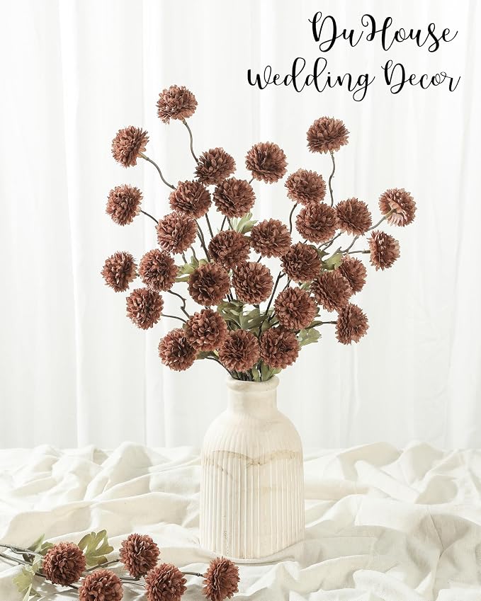 DuHouse 6pcs Artificial Flowers Faux Silk Pompon Mum,Silk Small Mini Chrysanthemum Ball with Stems for DIY Bouquets Centerpieces Vase Home Table Kitchen Decorations(Mocha Brown)