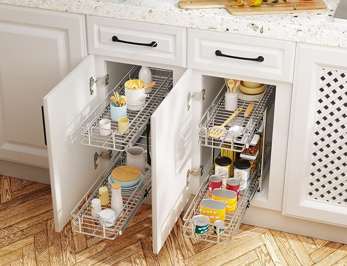 LOVMOR Individual Pull Out Cabinet Organizer, 2 Tier Slide Out Cabinet Drawers, Pots and Pans Organizer and Storage Pantry Shelf for Kitchen (11½" W x 21½" D)