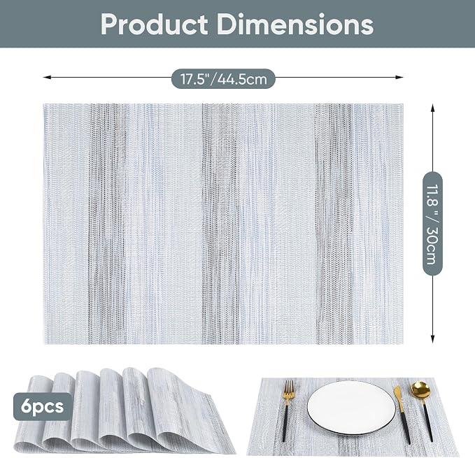 Blue Woven Placemats Set of 6 – Heat Resistant, Waterproof & Easy to Clean – Durable Synthetic Dining Table Mats for Kitchen, Restaurant & Outdoor Use