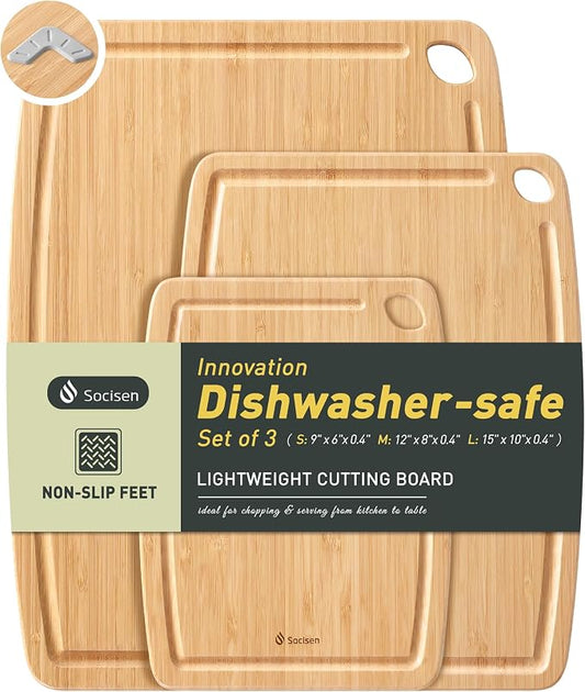 Lightweight Durable Bamboo Cutting Board Set with Non-Slip Feet, Wood Cutting Board for Busy Kitchen, Easy Clean Wooden Chopping Boards with Juice Groove Best House Warming Gift Set of 3 (S+M+L)