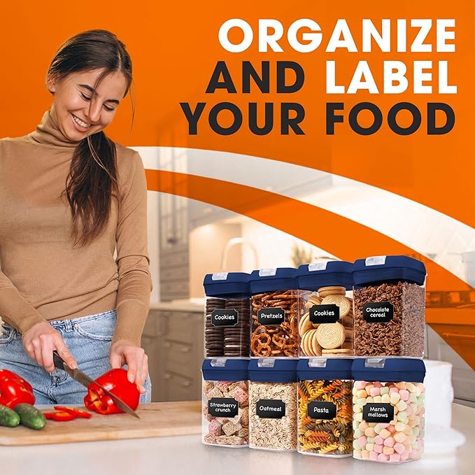 Set of 8 Airtight Food Storage Containers - Pantry Organizer Bins, BPA Free Plastic Containers plus Dry Erase Marker and Labels, Navy