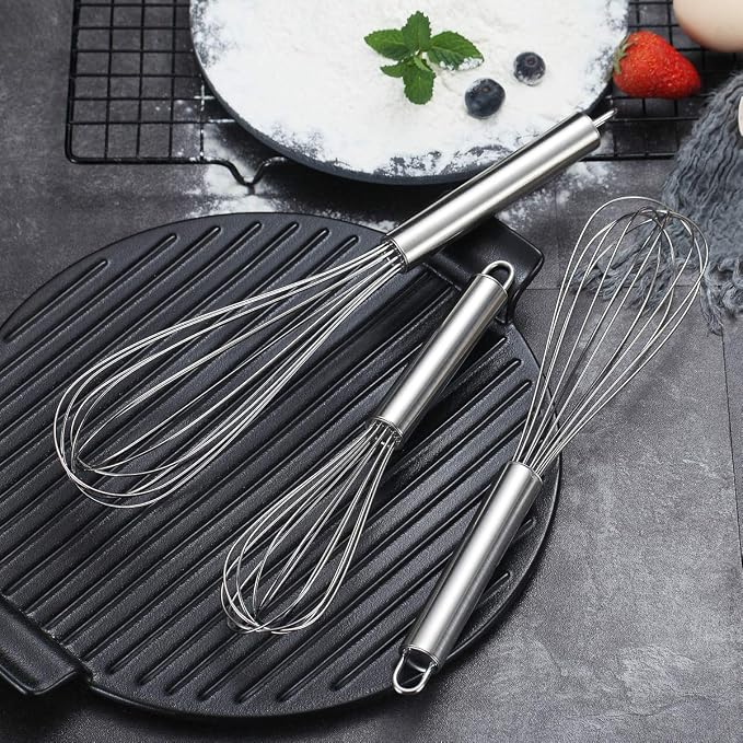 Berglander Whisk Set Pack of 3, Stainless Steel Whisks for Cooking 8",10",12", Wire Ballon Wisk (Silver)