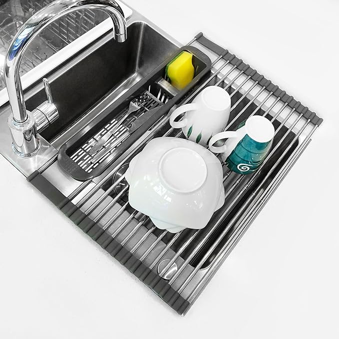 Roll Up Dish Drying Rack Over The Sink, 304 Stainless Stee Dish Drainer, Foldable & Adjustable Sink Drying Rack for Kitchen Sink Counter with Utensil Holder (Gray, Expandable)