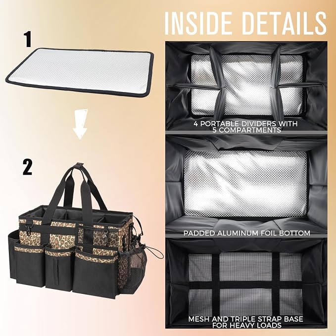SCAVATA Wearable Cleaning Caddy, Cleaning Caddy Supplies Organizer with Handle & Shoulder Straps for Housekeepers, Under Sink & Car Cleaning Tool Organizers Bag with 4 Foldable Divider (Leopard)