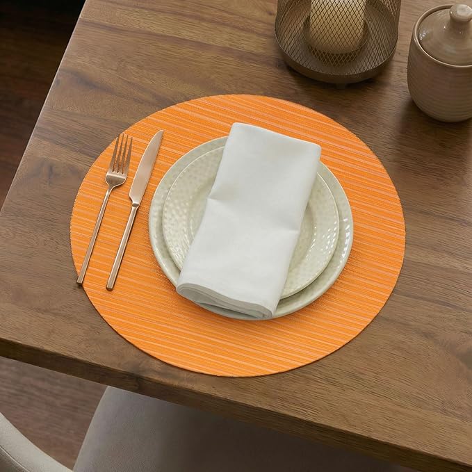 AHHFSMEI Round Placemats Set of 6 Woven Vinyl Non-Slip Heat Resistant Stain Resistant Easy Clean Place mats for Dining Table(Orange)