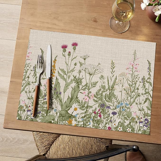 Artoid Mode Wild Flower Vinyl Placemats Set of 6, Wipeable Colorful Printing PVC Table Mats for Spring Party Kitchen Dining Decor, 12x18 Inch
