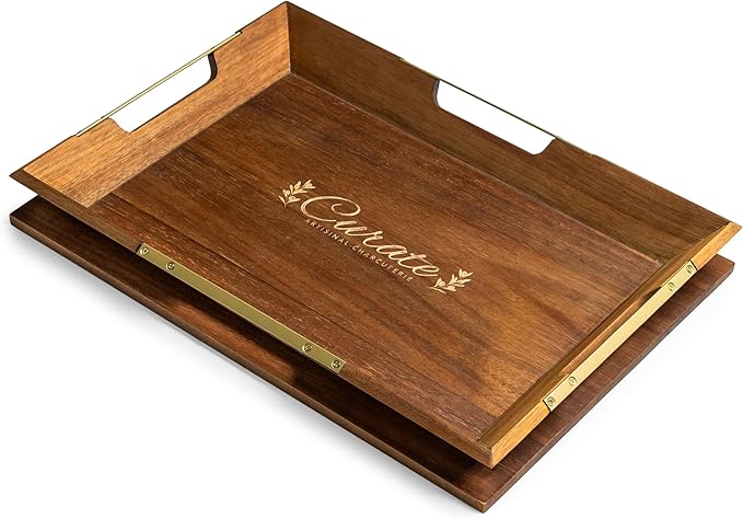 Curate Small Acacia Wood Serving Tray with Handles for Coffee Table, Breakfast & Dinner, Rustic Decorative Wooden Serving Tray for Kitchen, Dining & Charcuterie Boards, (15" x 10.8" x 2")