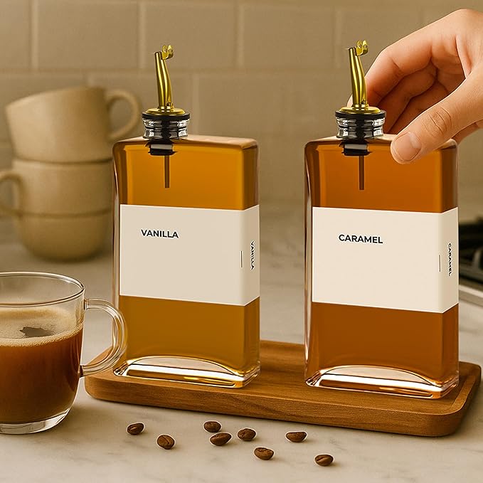 Spaceneat Olive Oil Dispenser Bottle - Includes 44 Kitchen Essential Labels - Cooking Oil Bottles for Kitchen, Coffee Syrup Dispenser - Pourer Spout with 11.8 fl oz Glass Container Cruet - 2pcs, Gold