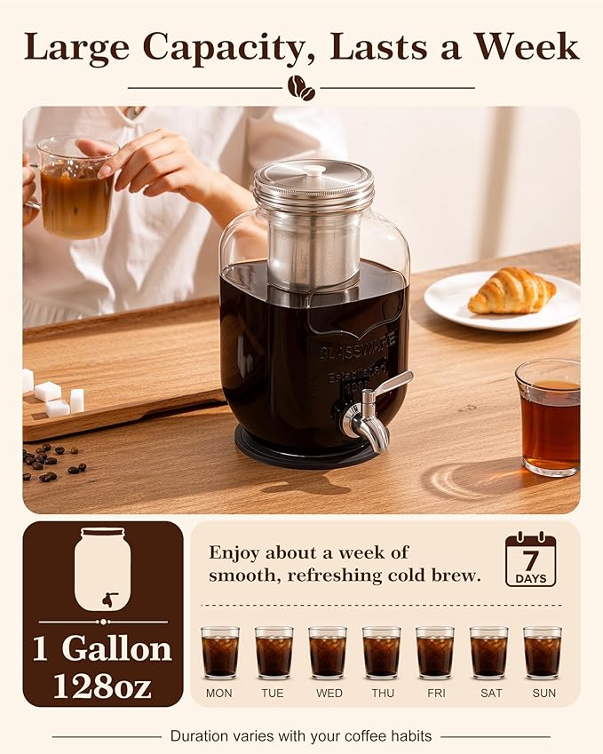 OneDream 1 Gallon Cold Brew Coffee Maker, Glass Cold Brew Pitcher with Stainless Steel Filter and Spigot, Iced Coffee Maker for Fridge with Silicone Vent Lid, Sun Tea Brewer