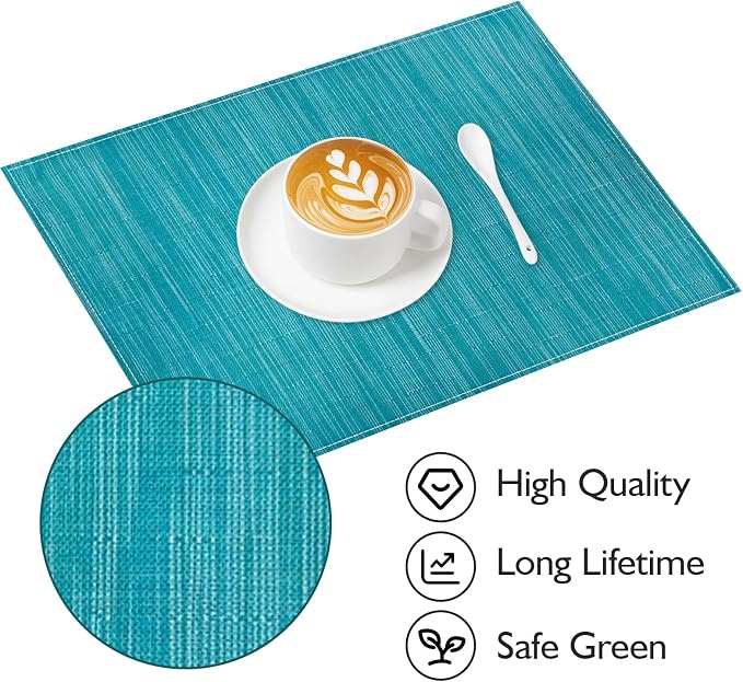 Niviy Teal Blue Placemats Set of 4, 12x18 Inch Washable Easy to Clean Heat-Resistant Anti-Skid Teal Blue Placemats for Holiday Party Kitchen Dining Room Decoration