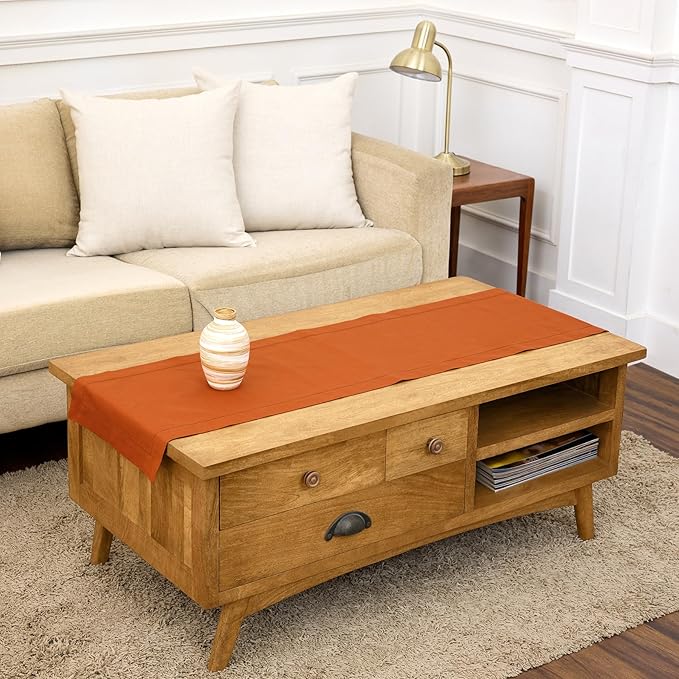 Solino Home Cinnamon Hemstitch Table Runner 60 Inches - Cotton Linen Small Table Runner 14 x 60 Inch Ideal for Dresser and Coffee Tables