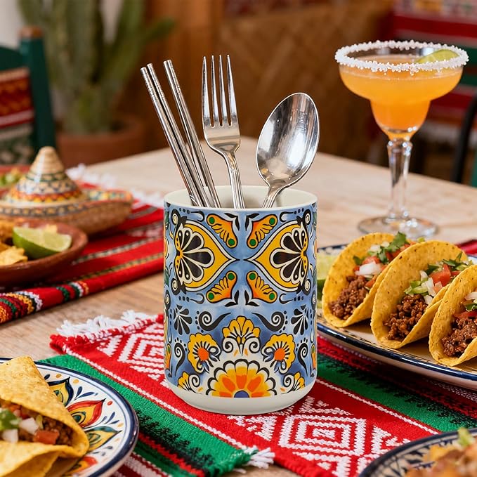 FYSUIMU Mexican Utensil Holder for Counter Cinco De Mayo Talavera Pottery Kitchen Decor Vintage Utensil Crock Ceramic Mexico Decor for Home Kitchen Countertop Storage Container Vase Spatula Holder