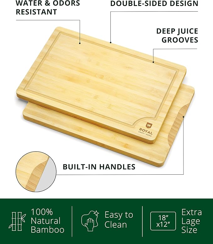ROYAL CRAFT WOOD Bamboo Cutting Board with Juice Groove - Kitchen Chopping Board for Meat Cheese and Vegetables, Heavy Duty Serving Tray