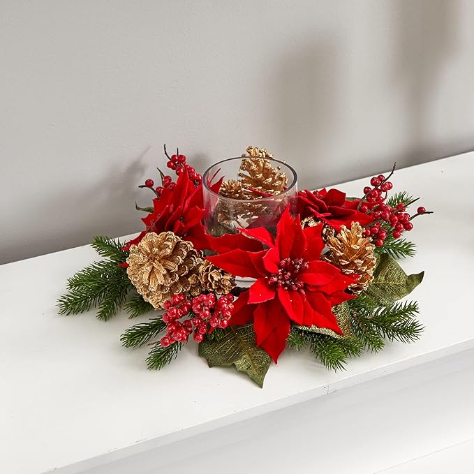Nearly Natural Poinsettia, Berry and Golden Pine Cone Candelabrum Artificial Silk Arrangements Red 6"D x 14"W x 14"H
