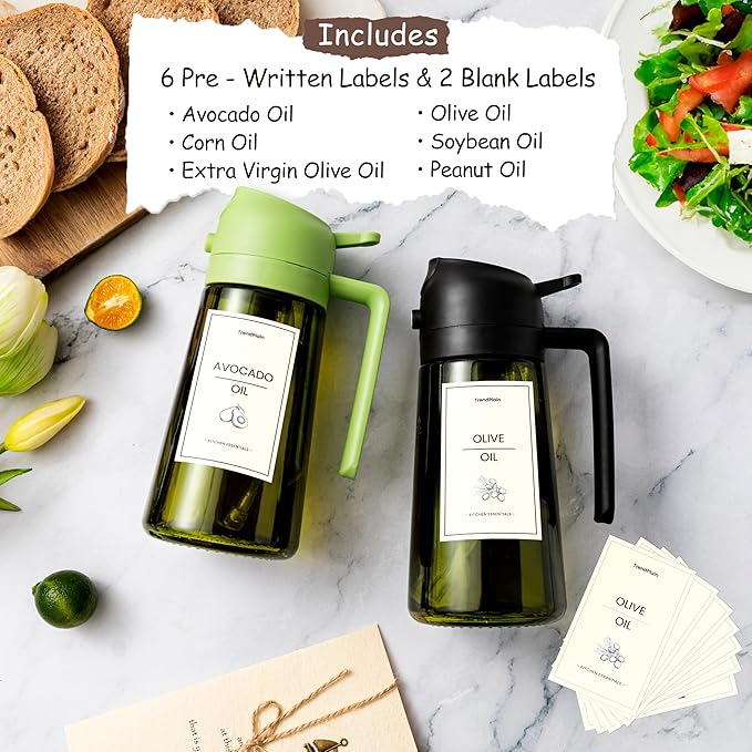 TrendPlain - 16oz Olive Oil Dispenser for Kitchen - 2 in 1 Olive Oil Dispenser and Oil Sprayer - Olive Oil Dispenser Bottle w/Stickers - Olive Oil Sprayer for Cooking 2Pcs White&Green (Light Blockage)