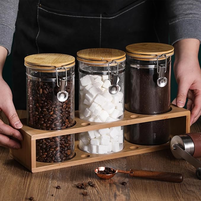Glass Coffee Storage Container with Bamboo Shelf, 3PCS 49oz Airtight Sealed Coffee Bean Jar with Clamp Lid & Measuring Spoon, Kitchen Pantry Canister Set for Ground Coffee Sugar Tea Flour