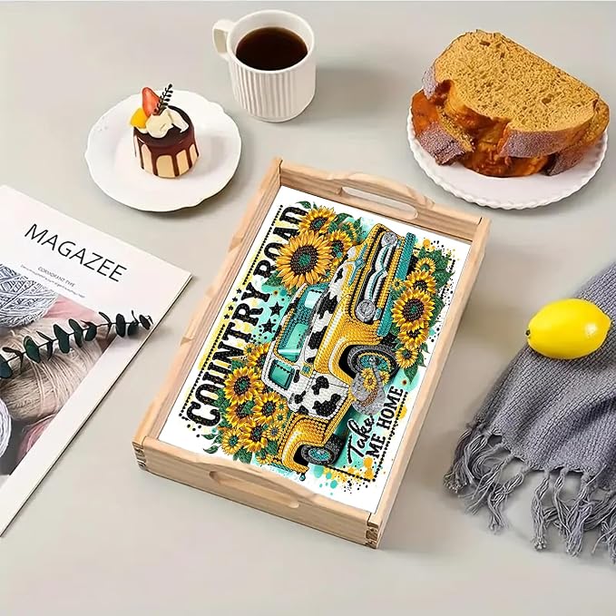 BAYUNOE DIY Diamond Serving Tray Rectangular Breakfast Tray with Handle Handmade Diamond Art Painting Wooden Tray Spring Creative Dinner Plate Coffee Room Living Home Organizer-Sunflower Car