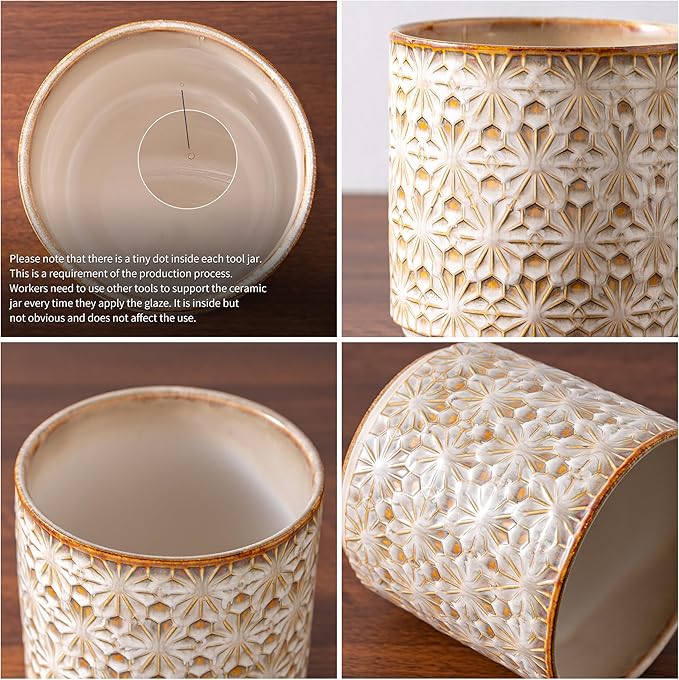 Utensil Holder Rustic Farmhouse Ceramic Utensil Crock for Countertop - 5.3" Handcrafted Kitchen Cooking Utensil Crocks with Cork Base, Natural Finish for Kitchen Tools Storage