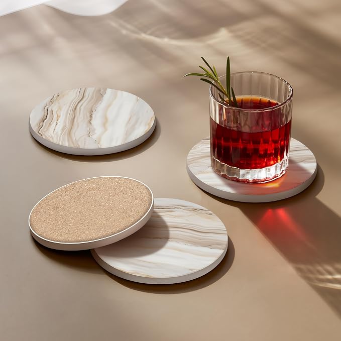 VEYRO Ceramic Coasters Set of 4 – Absorbent Stone Drink Coasters with Holder, Non-Slip Cork Backing, Modern Marble Look Coasters for Coffee Table, Desk & Home Decor