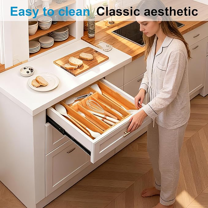 Bamboo Expandable Drawer Silverware Organizer (12.6-20.5") | 3 removable dividers,5 tracks for custom storage. Multi-use for utensils, stationery, tools. Durable bamboo, wipe clean