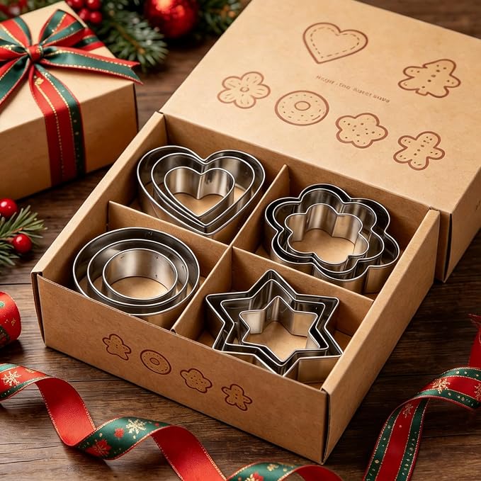 Stainless Steel Cookie Cutters Set 12 Pcs, Star, Flower, Heart, Round Shapes Cookie Cutters Variety Pack for Home Party Holiday Baking