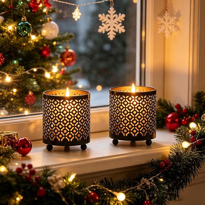 Hosley Set of 2 Black (Gold Inside) Metal Jar Holder Candle Sleeve 4.5" High. Votive, Tea Light Lanterns Ideal Gift for Weddings, Parties, Spa and Aromatherapy O6