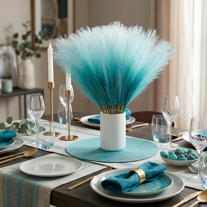 TORONTOKYO Light Blue Pampas Grass Decor, 50Pcs 21.6 inch Artificial Short Faux Pompas Grass, Boho Neutral Home Decor Bouquet for Floor Vase, Wedding, Party, Farmhouse, Bedroom Decor (Turquoise)