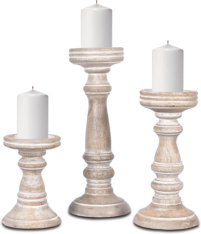 Mela Artisans 6”, 9” & 12” Mango Wood Pillar Candle Holder Set of 3 – Chennai Design Whitewash – Wooden Candle Holders for Table, Mantel & Living Room Décor