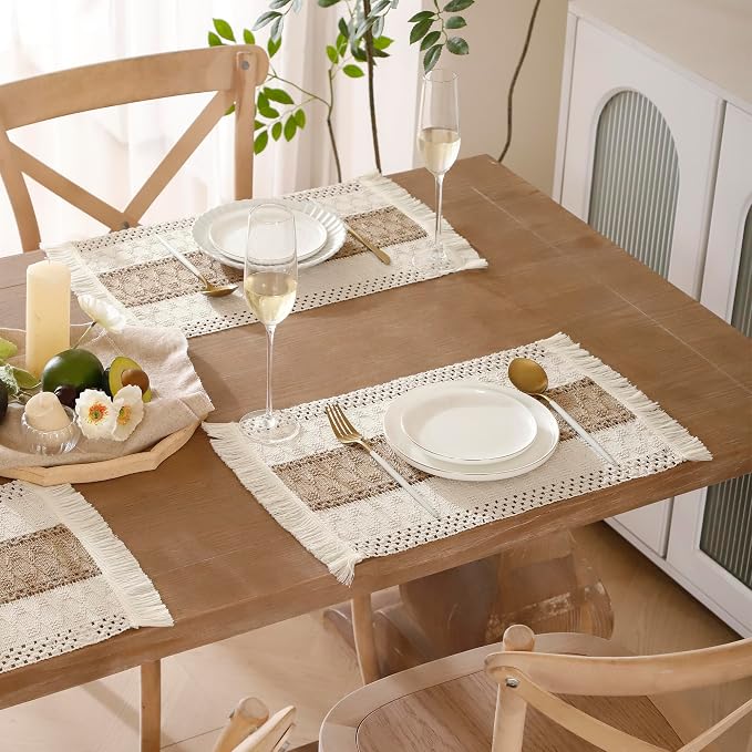 Farmhouse Placemats Set of 4 with Fringe Boho Placemats Macrame Table Decor Woven Placemats in Natural Burlap for Kitchen and Dining Table Centerpiece Home Decorations, Khaki