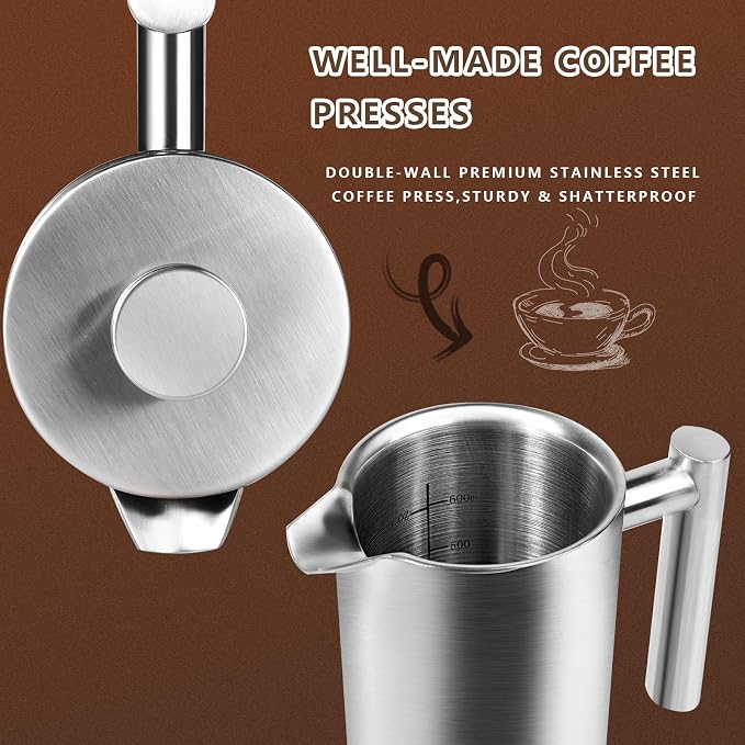 French Press 24 oz, Premium Stainless Steel French Press Coffee Maker 2 cup | Double Wall Insulated French Coffee Presses, 304 Food Grade Stainless Body, Ideal for Camping Travel Home, No Plastic