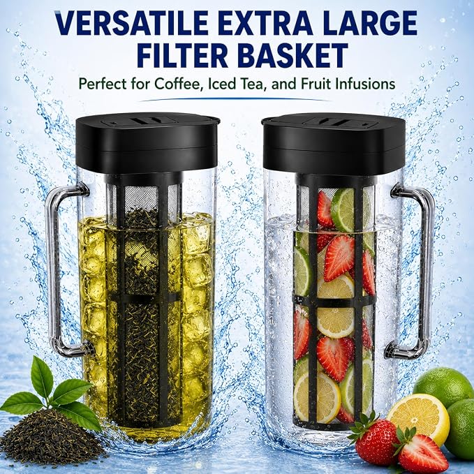 SlimFit 64oz Cold Brew Coffee Maker, Leakproof and fits for fridge door, RV Essentials - BPA-Free Plastic with filter, Large 2L capacity, Iced Tea, Fruit Infused Pitcher, RV Accessory
