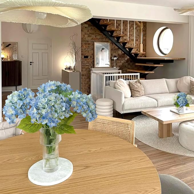 JINWOE Blue Faux Hydrangea Flowers for Decoration,4Pcs 20" Real Touch Lifelike Faux Flowers, Full Fake Artificial Hydrangeas with Stems for Bouquet Table Centerpieces Spring Home Decoration