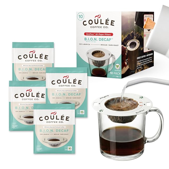 Coulée EcoPour B.I.O.N. Coffee, All Paper Single Serve Pour Over Decaffeinated Coffee, for Camping or Traveling, Pre Filled Compostable, All Paper Filters, Ready to Brew with Hot Water, Plastic Free, 10 Pack