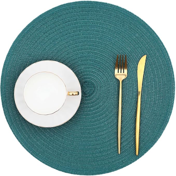 SHACOS Round Placemats Set of 8 Woven Braided Table Placemats 15 inch Circle Place Mats Washable Non Slip Table Mats for Home Wedding Party, Teal Green