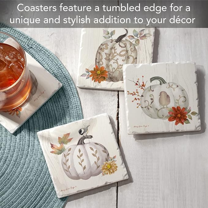Thirstystone Fall Pumpkins 4 Pack Assorted Tumbled Tile Stone Coasters with Protective Cork Backing 4" Square Manufactured in the USA