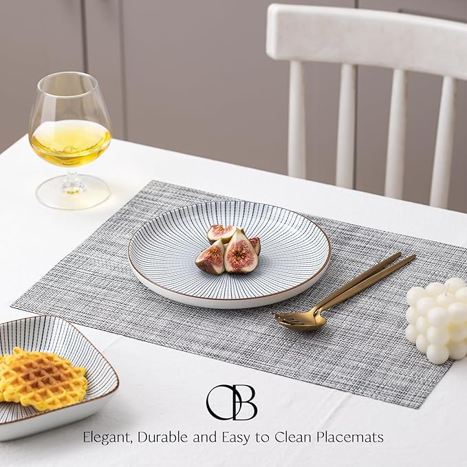 Placemats Set of 6 - Easy Clean Woven Vinyl Placemats for Dining Table, Indoor/Outdoor Place Mats, Washable PVC Table Mats（Gray）