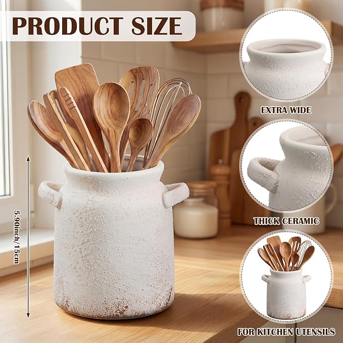 Qinyoung Rustic Kitchen Utensil Holder 6 Inch Small Ceramic Utensil Holder with Handle Vintage Crock Decoration Spatula Organizer for Kitchen Countertop Farmhouse Party Supplies(White,Textured)