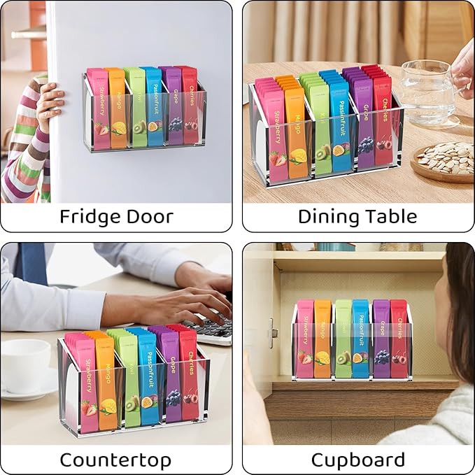 Drink Packet Organizer, Magnetic Water Packet Organizer for Fridge, Premium Acrylic Drink Mix Holder Container with 3 Compartments for Kitchen Organizers and Storage