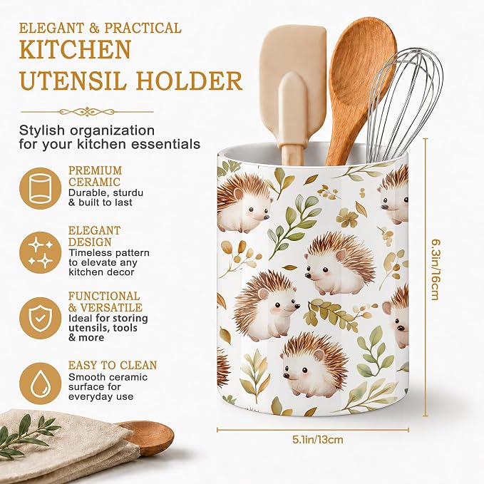 Ceramic Kitchen Utensil Holder for Countertop,Cute Hedgehog Large Utensil Crock for Kitchen Counter,Cooking Utensil Organizer for Spatulas,Spoons