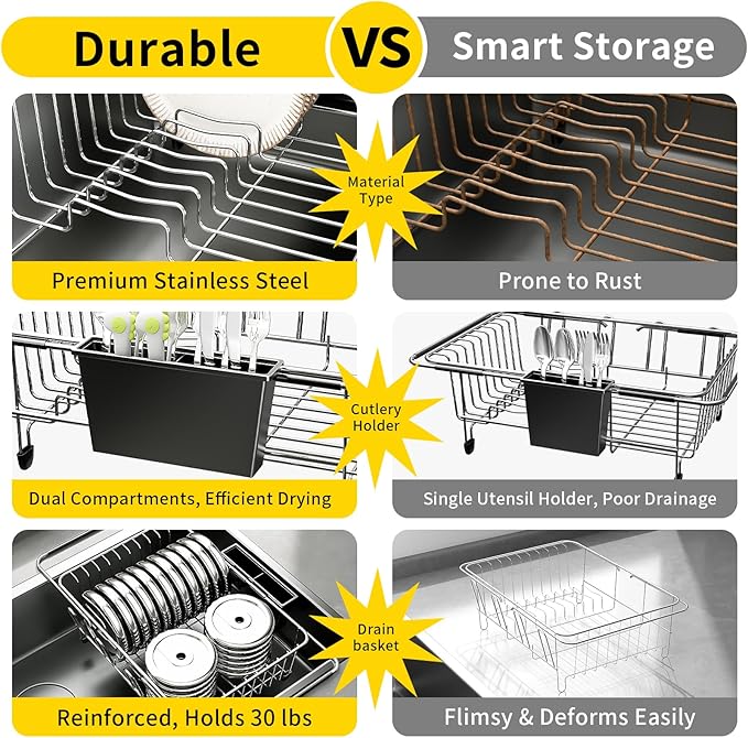 PureBox Expandable Over The Sink Dish Drying Rack - Adjustable Stainless Steel Dish Rack for Kitchen Counter or In-Sink, Heavy-Duty Rust-Proof Space Saving Drainer with Utensil Holder (15.5" to 23.2")
