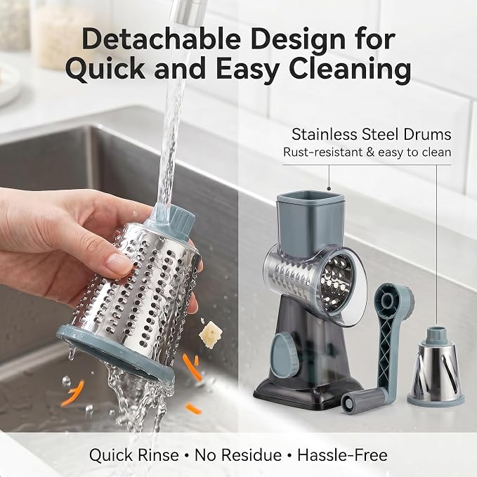 Rotary Cheese Grater Hand Crank, Cheese Shredder Stainless Steel with 3 Interchangeable Blades, Manual Food Grater and Shredder, Potato Shredder, Vegetable Cutter, Countertop Suction Base