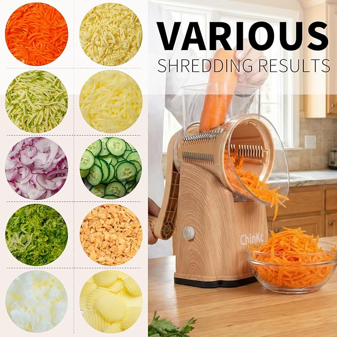 Upgrade Rotary Cheese Grater Shredder with Handle, Strong Suction Base, Multi-purpose Rotary Grater Slicer with 5 Interchangeable Blades for Ice, Vegetables, Fruit, Nuts with Blade Storage Box