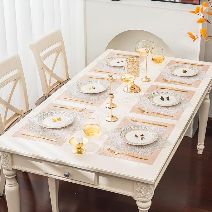 BACKTOEDEN Placemats Set of 6 Heat Resistant Washable Wipeable Placemat Woven Non-Slip Foldable Vinyl/Plastic Place Mats Indoor/Outdoor Mat Kitchen Dining Table Pad, White Snowflake & Pink
