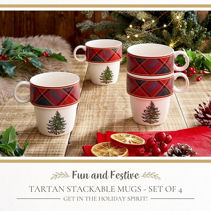 Spode Christmas Tree Tartan Stacking Mugs, Set of 4 – Festive Tartan Design Coffee Cups, 10oz Earthenware for Holidays, Colorful & Fun Stackable Cups, Great Gift for Seasonal Celebrations