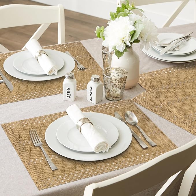 Niviy Burlap Placemats Set of 4, 12x18 Inch Natural Cotton Jute and Kitchen Woven Placemats with Tassels for Dining Table Centerpiece Thanksgiving Home Decorations