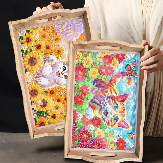 Generic DIY Diamond Serving Tray Rectangular Upgrade Increase Breakfast Tray with Handles Handmade Diamond Art Painting Wooden Tray Dinner Plate for Coffee Living Room Home Organizer-Puppy