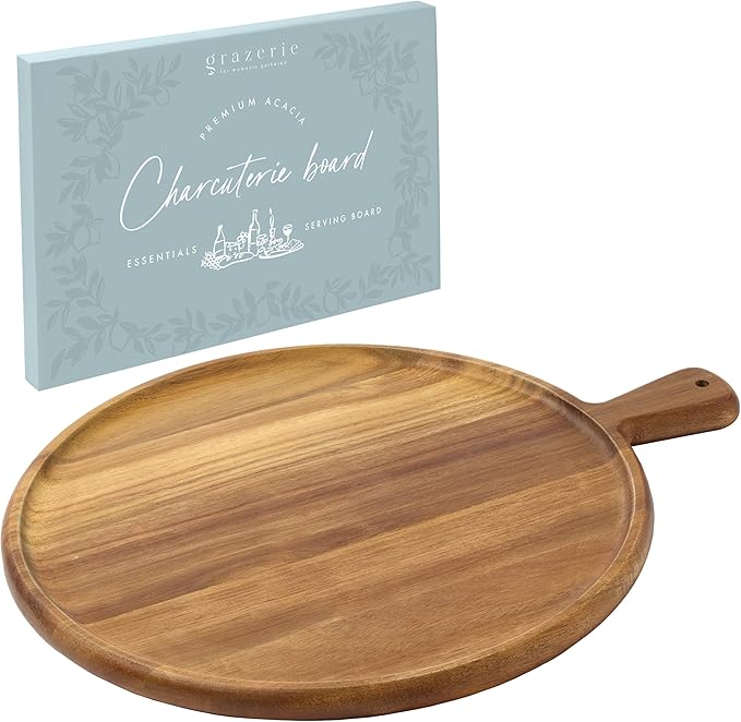 Charcuterie Board - Round Acacia Wood Cutting Board for Kitchen with Handle, Cheese Board for Chopping Vegetables, Bread, Fruits, Meat - Decorative Wooden Serving Tray House Warming Gift