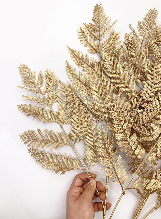CATTREE Gold Ferns Artificial Plants Large Tall 30" 2 Pack Christmas Decorations, Fake Golden Boston Leaves Plastic Fern Palm Bushes Faux Shrubs Simulated Leaf for Party Wedding DIY Décor