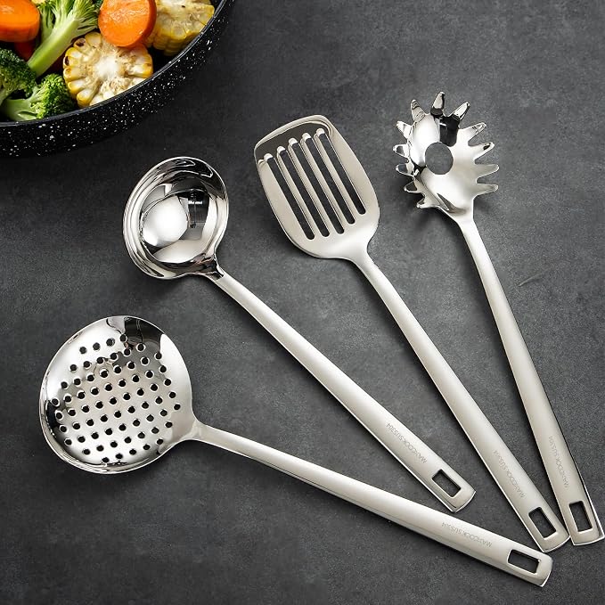 18/8 Stainless Steel Cooking Utensils Set, Spatula Set Kitchen Wok Utensils Set, Include Soup Ladle,Spaghetti Server,Slotted Spatula Turner,Skimmer(Dishwasher Safe, Mirror Polished)
