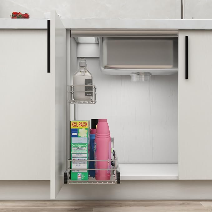 Under Sink Organizer 9" W X17 D, Pull Out Cabinet Organizer 2 Tier, Under Sink Slide Out Chrome Plated, Under Kitchen Bathroom Sink Organizer, Pantry Cabinet Closet Organization Rack, 2 Pack